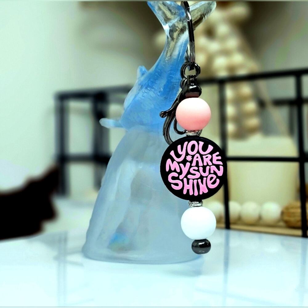 You Are My Sunshine Keychain, Black and Pink Beads, Beaded Keychain